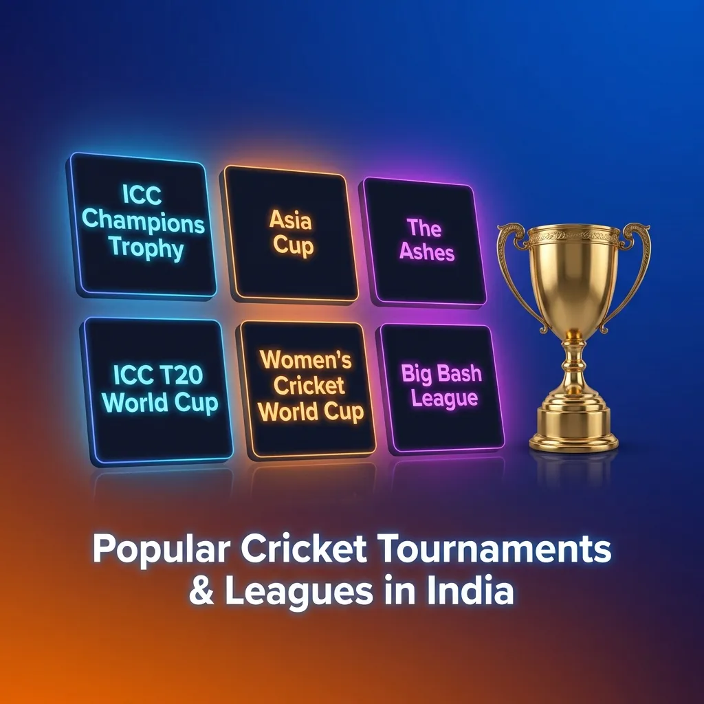 Cricket tournaments including ICC World Cup, T20 World Cup, IPL, The Ashes, BBL, CPL, Test matches, and PSL betting options