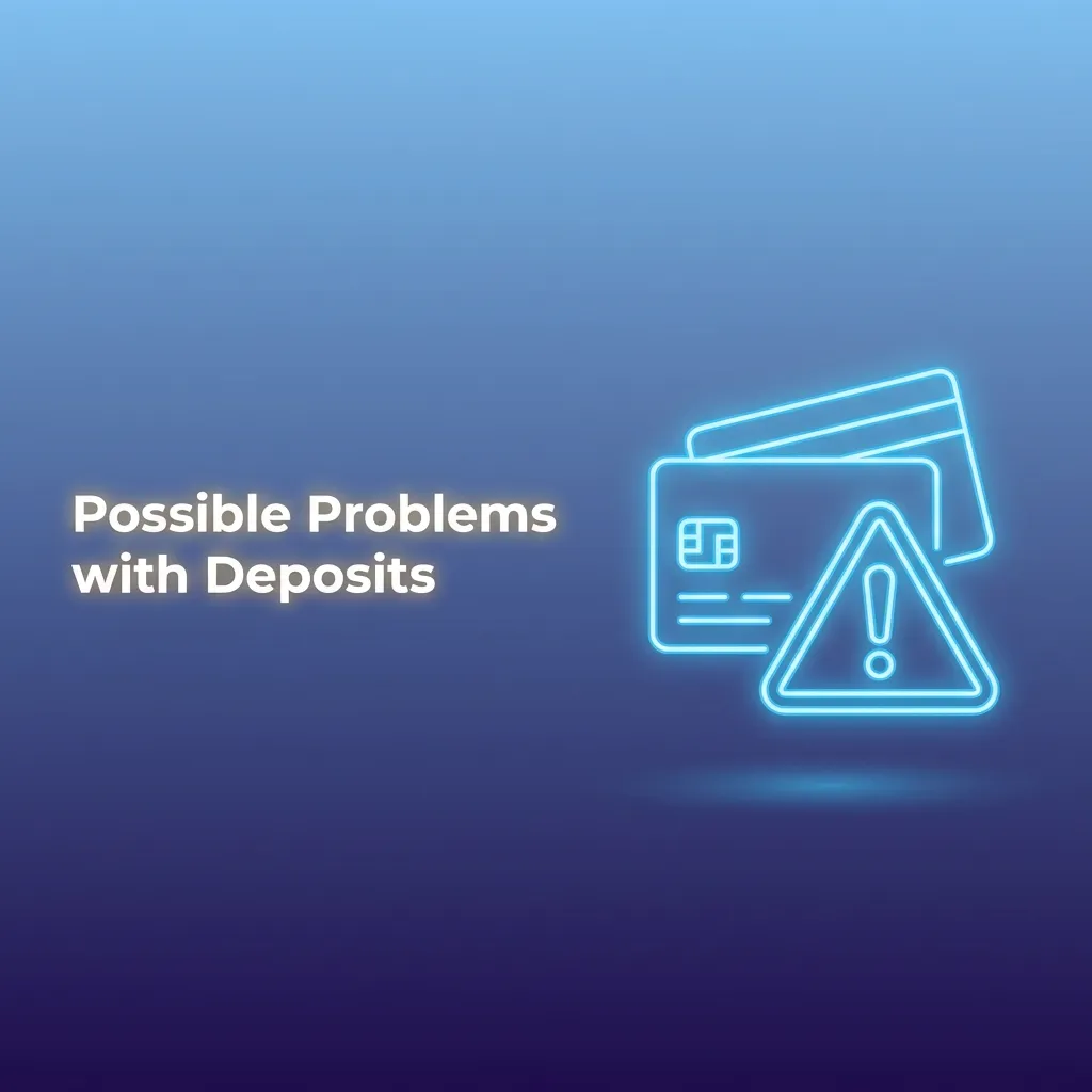Illustration showing common deposit problems like delayed credits, declined payments, and verification requirements with solutions.