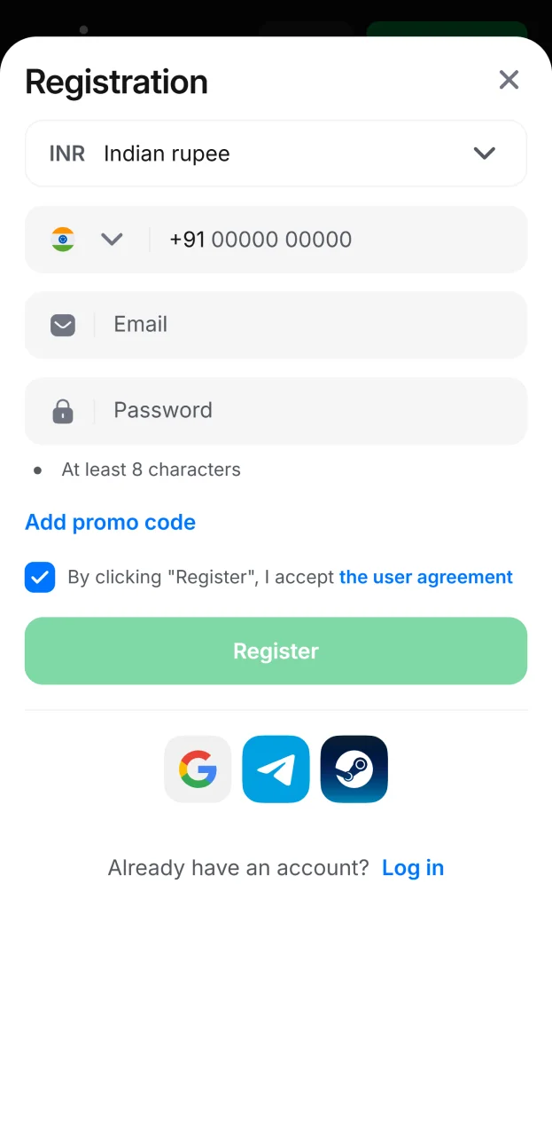 Open the 1win app on your mobile device and register.