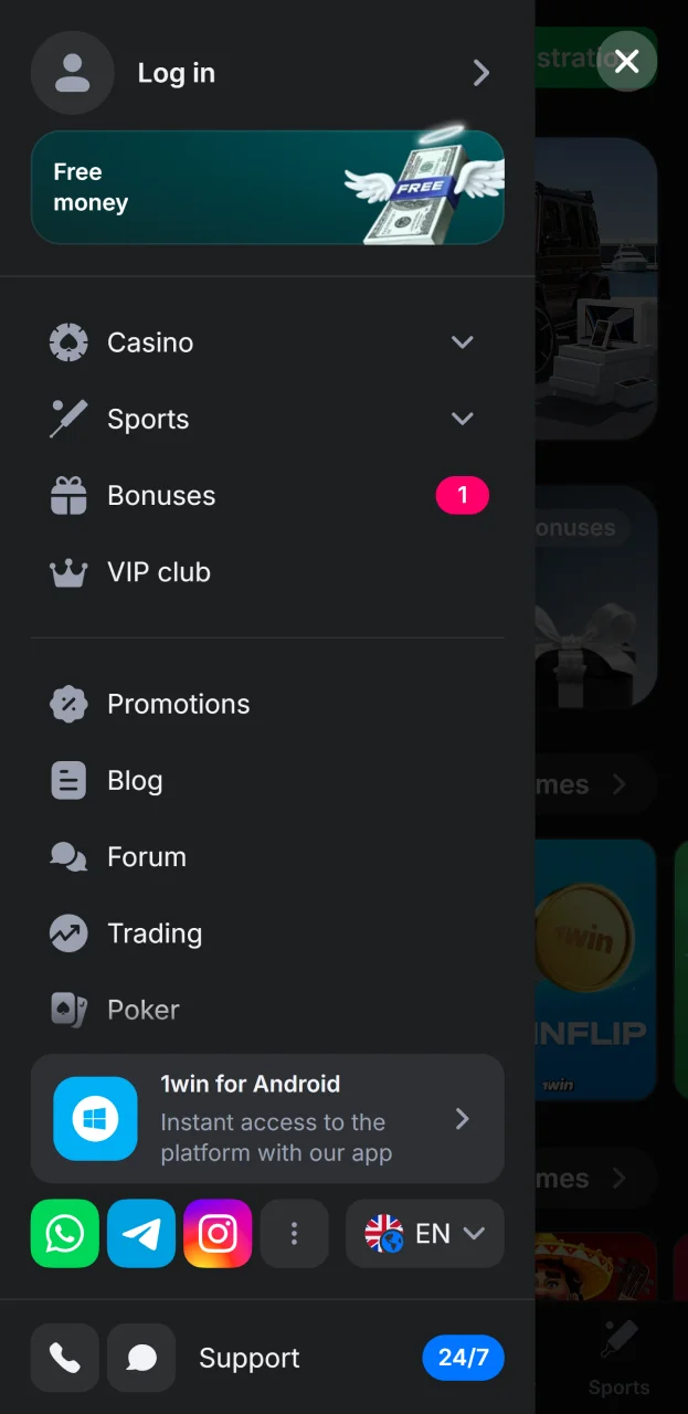 Click the install button for 1win for Android and start the installation.