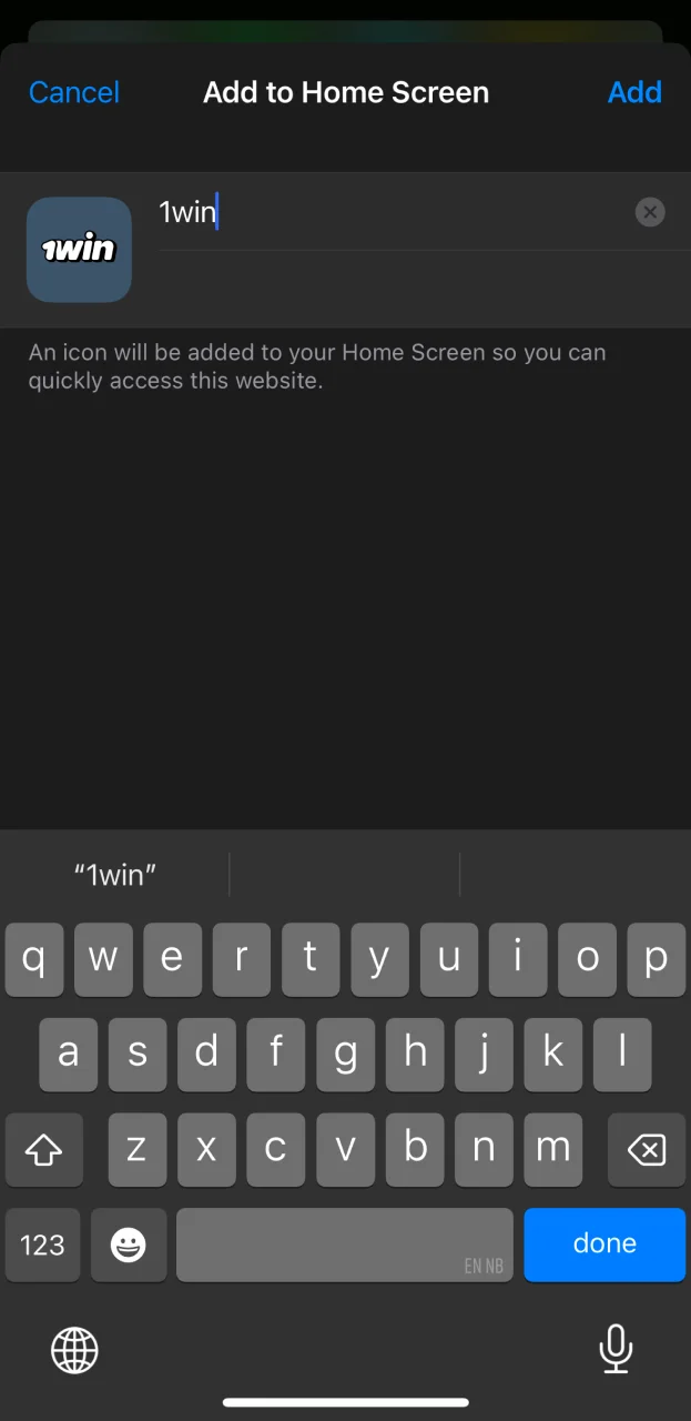 Choose a name and confirm the installation of 1win.