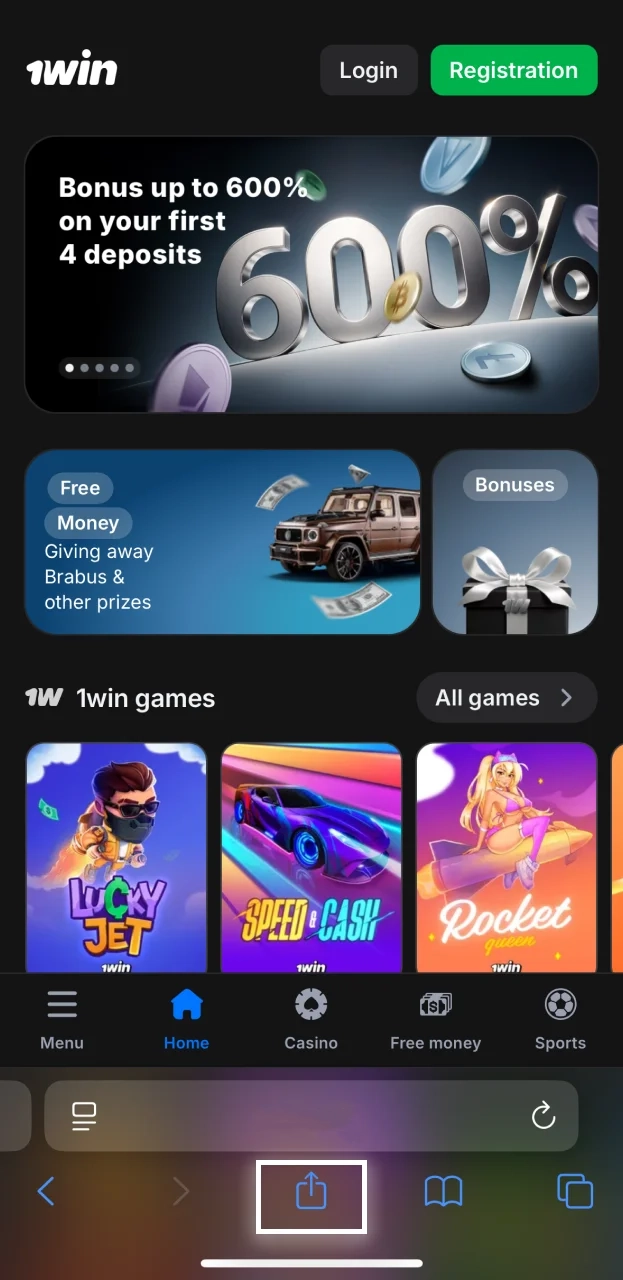 Select Share to continue installing the 1win app on iOS.