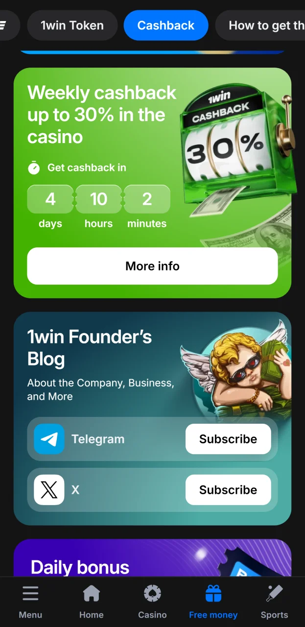 Be sure to check out the bonuses section in the 1win app.